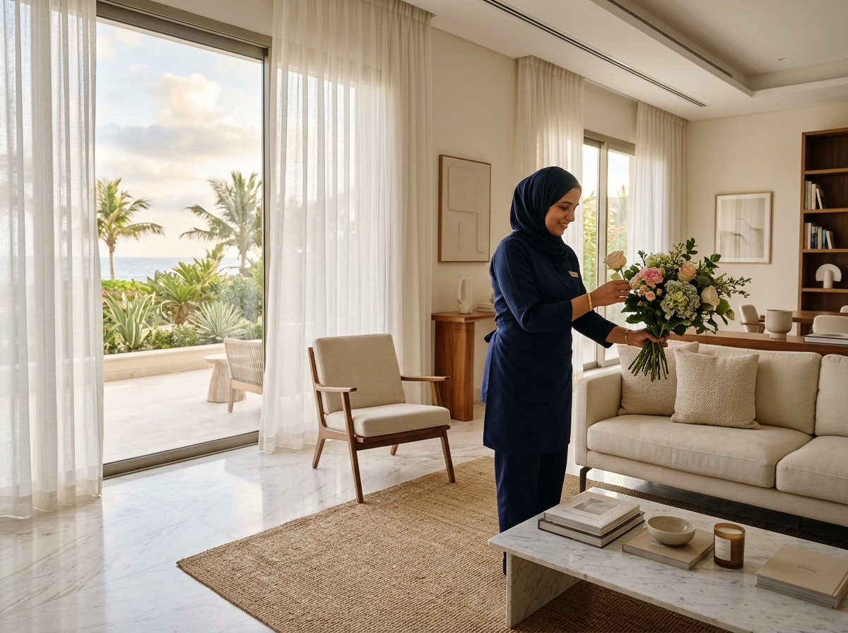 Professional housemaid arranging hospitality in a luxury home in Salalah, Oman